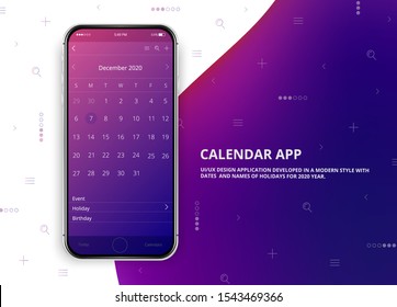 Diseño de interfaz de usuario. Aplicación de moda móvil. Calendario de aplicación telefónica 2020 año. Nombres y fechas de festividades para 2020.