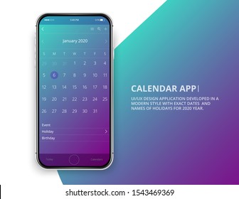 User interface design. Mobile trendy app. Phone app calendar 2020 year. Names and dates of holidays for 2020 year.