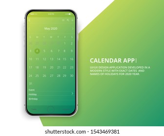 Diseño de interfaz de usuario. Aplicación de moda móvil. Calendario de aplicación telefónica 2020 año. Nombres y fechas de festividades para 2020.