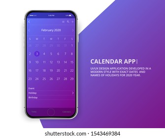 User interface design. Mobile trendy app. Phone app calendar 2020 year. Names and dates of holidays for 2020 year.