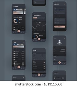 User interface design for online financial banking application, modern dark layout with charts and bank account cards, generic and fictional app interface