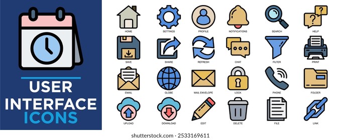 interface do usuário, design, tela, tecnologia, vetor, conjunto de ícones gráficos. Coleção de ícones de tópicos. Ilustração de vetor simples	