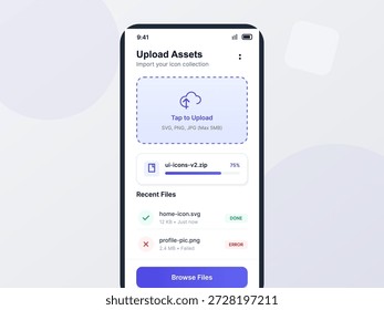 Um design de interface do usuário mostra uma tela móvel para carregar arquivos de ícone, com uma área de carregamento de arrastar e soltar e exibindo atividades recentes de arquivo, incluindo status de carregamento.