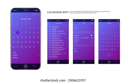 User interface design. Social mobile calendar app. Phone app calendar 2020 year. Holiday mobile application. Name of holiday for 2020 year.