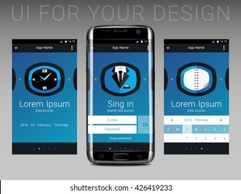User Interface design for your mobile application. Login, Watches and Agenda panels.
UI design concept. Mobile app design. Vector Illustration, eps10, contains transparencies.