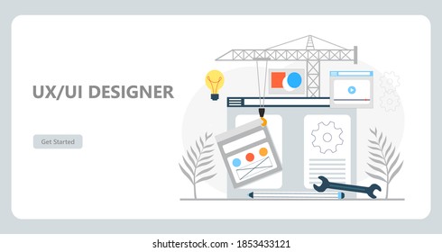 User interface designer concept vector. UI, UX app template creation installation. Creation of design of landing page. 