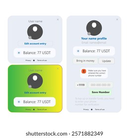 User interface designs for account balance management and profile settings. 