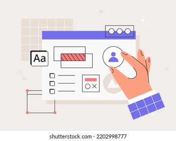 User interface developmen. Hand working on website or application, programming, ui ux design. Usability testing, experience design. Flat vector style illustrations.