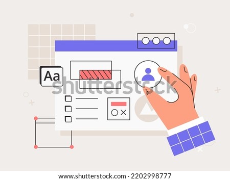 User interface developmen. Hand working on website or application, programming, ui ux design. Usability testing, experience design. Flat vector style illustrations.