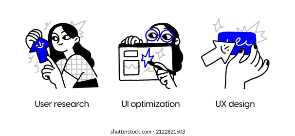 User interface development - abstract business concept illustrations. User research, UI optimization, UX design. Visual stories collection