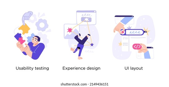 User interface development - abstract business concept illustrations. Usability testing, experience design, UI layout. Visual stories collection