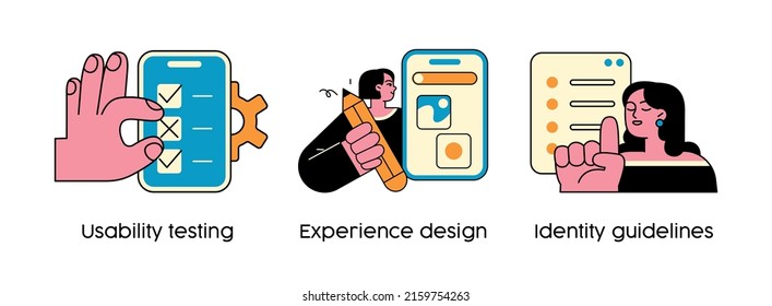 User Interface Development - Abstract Business Concept Illustrations. Usability Testing, Experience Design, Identity Gyidelines. Visual Stories Collection