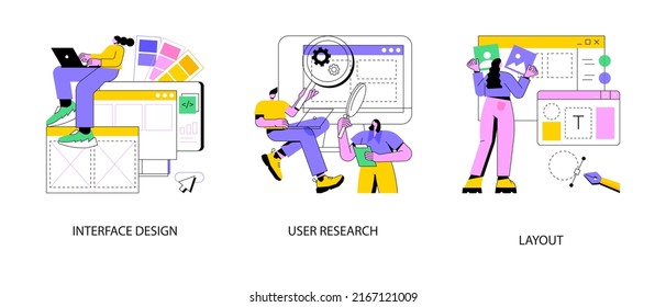 User interface development abstract concept vector illustration set. Interface design, user research, layout, landing page, responsive design, usability test, online survey, abstract metaphor.