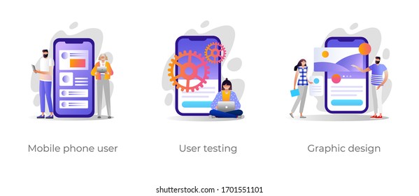 User interface development, bug fixing, public release. Mobile phone user, user testing, graphic design metaphors. App creation steps icons set. Vector isolated concept metaphor illustrations