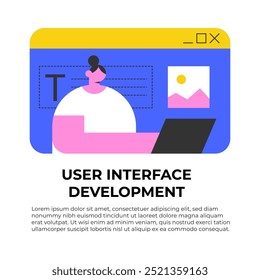 User interface development. Interface design, Girl user research, mockup, landing page, responsive design, usability test, online survey. Flat vector illustration in cartoon style.