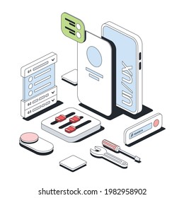 User interface development and design. Vector 3d line isometric, color web icons, new flat style. Creative design idea for infographics.