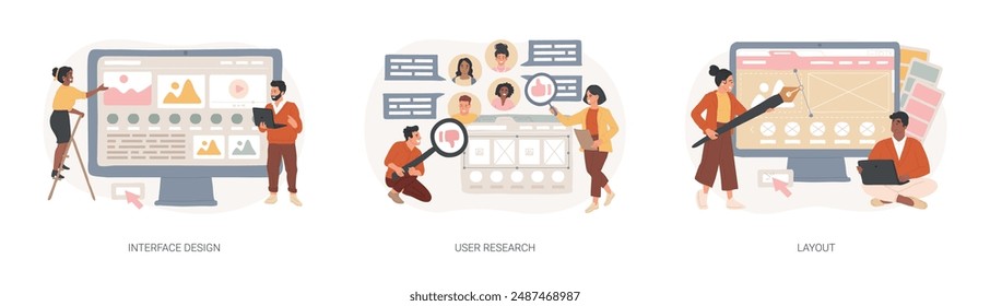 User interface development isolated concept vector illustration set. Interface design, user research, layout, landing page, responsive design, usability test, online survey, vector concept.