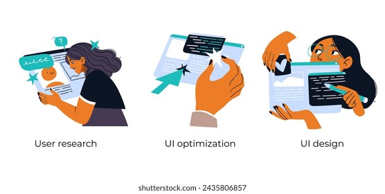 User interface development - set of business concept illustrations. Visual stories collection