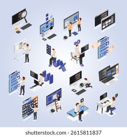 User interface development of website and mobile app isometric set with people creating new forms isolated vector illustration