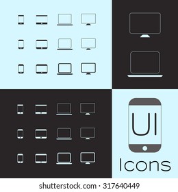 User Interface Devices Icons. Minimalistic line design, partly filled and screens separated. Intended for small size viewing. eps 10