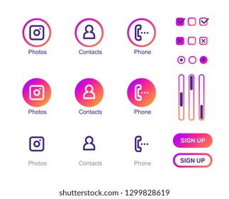 User interface element in different design state on white background. Vector set of graphic bright color icon and button. Line art style design for mobile app, application, web, site, interface