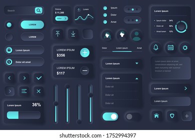 User interface elements for banking mobile app. Financial analytics of bank account, deposit and credit balance gui templates. Unique neumorphic ui ux design kit. Manage and navigation components.