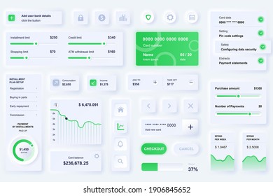 User interface elements for banking mobile app. Unique neumorphic design UI, UX, GUI, KIT elements template. Neumorphism style. Different form, components, button, menu, banking vector icons.