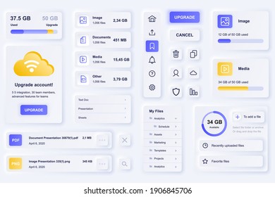 Elementos de interfaz de usuario para la aplicación móvil de tecnología en la nube. Única interfaz de usuario de diseño neumórfico, UX, GUI, plantilla de elementos KIT. Estilo de neutralismo. Diferentes formas, componentes, botones, menú, iconos vectoriales.