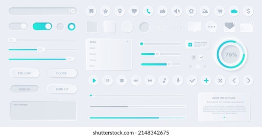 User interface elements. Collection of icons for development of apps and programs, audio and video. Stylish interface for website. Cartoon flat vector illustrations isolated on grey background