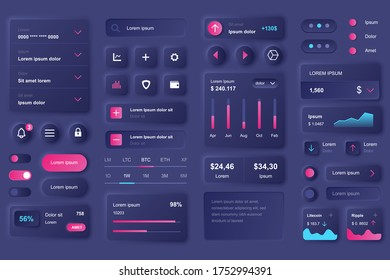 User interface elements for cryptocurrency mobile app. Cryptocurrency mining, exchange and stock trading gui templates. Unique neumorphic ui ux design kit. Manage, navigation and analytics components