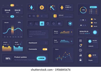 User interface elements for cryptocurrency mobile app. Unique neumorphic design UI, UX, GUI, KIT elements template. Neumorphism style. Different form, components, button, menu, bitcoin vector icons.