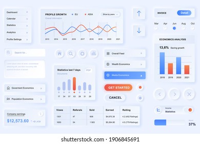 User interface elements for data analysis mobile app. Unique neumorphic design UI, UX, GUI, KIT elements template. Neumorphism style. Different form, components, button, menu, analysis vector icons.