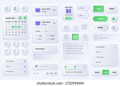 User interface elements for delivery mobile app. International express delivery, logistics and route tracking gui templates. Unique neumorphic ui ux design kit. Navigation, search form and components.