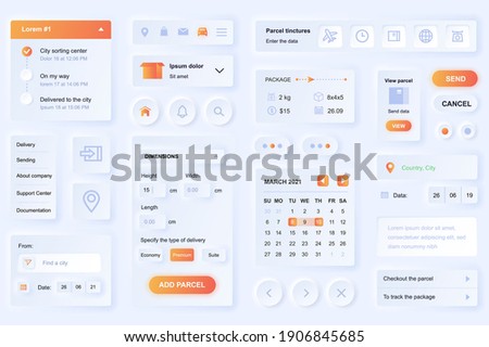 User interface elements for delivery mobile app. Unique neumorphic design UI, UX, GUI, KIT elements template. Neumorphism style. Different form, components, button, menu, logistic vector icons.