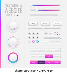 User Interface Elements Design white, blue, pink. Web site design. Different form styles, frames, bars, icons, banners, menu, buttons and so on. Design Template. Collection icons for website. 