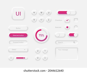 User interface elements for desktop or mobile app. Set of buttons and sliders to control the device. Unique neumorphic ui ux design kit Vector illustration EPS 10