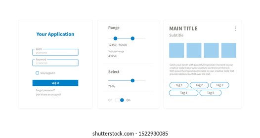 User interface elements, user experience, log in form, artboards, article, range select, tags