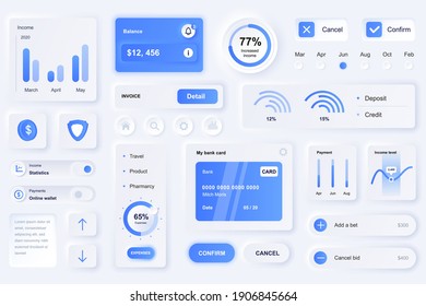 Elementos de interfaz de usuario para la aplicación móvil de finanzas. Única interfaz de usuario de diseño neumórfico, UX, GUI, plantilla de elementos KIT. Estilo de neutralismo. Diferentes formas, componentes, botón, menú, financia iconos vectoriales.