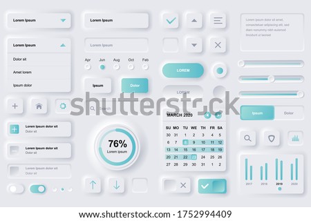 User interface elements for finance mobile app. Financial analytics, time management and planning gui templates. Unique neumorphic ui ux design kit. Manage, navigation, search form and components.