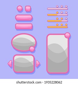 User interface elements for game and app design: windows, progress bar, and buttons.