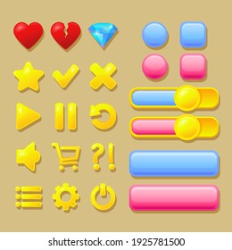 User interface elements for game design: pink and blue buttons, heart, diamond, gold icons.