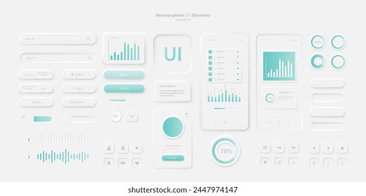 User interface elements for a light-colored mobile application. A set for developing a modern website or mobile application in the Neumorphism style. Vector EPS 10.