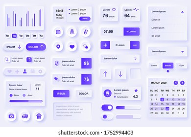 User interface elements for medical mobile app. Diagnosis and treatment, pharmacy store and laboratory gui templates. Unique neumorphic ui ux design kit. Manage, navigation, search form and components