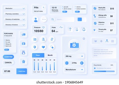 User interface elements for medical mobile app. Unique neumorphic design UI, UX, GUI, KIT elements template. Neumorphism style. Different form, components, button, menu, medicine vector icons.