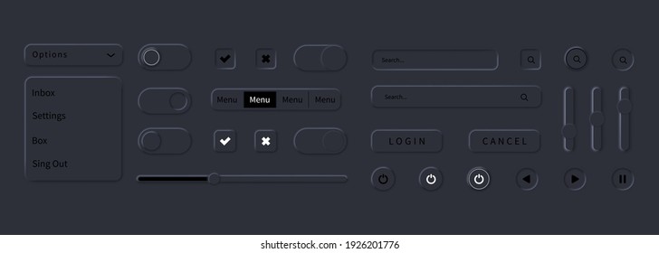 User interface elements for mobile app. Unique neumorphic ui ux design kit. Manage, navigation, search form and components. For mobile, web, social media, business. Dark theme. Neumorphism