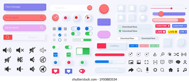 User Interface Elements For Mobile App In Style Neumorphic UI, UX Set. UI Music Icons Set. White Design Trendy Minimalistic Buttons Creative. Vector Illustration