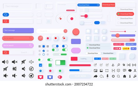 Elementos de la interfaz de usuario para la aplicación móvil. Neumorphism User interface design kit, ui, ux.  Botones de pantalla. Web, medios sociales, negocios. Neumorfismo. Simulacro de panel digital. Conjunto de elementos de interfaz de vector