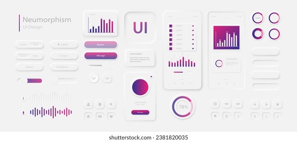 The user interface elements for the mobile app are white and purple. A set for developing a modern website or mobile application in the Neumorphism style. Vector EPS 10.