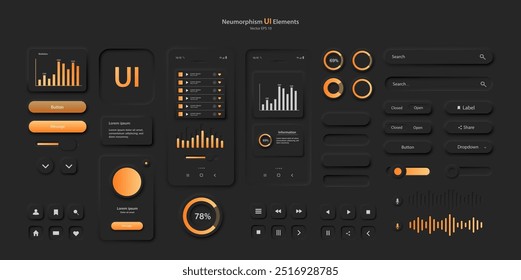 Los Elementos de la interfaz de usuario para el App móvil están en negro y naranja. Un conjunto para desarrollar un Sitio web moderno o aplicación móvil en el estilo Neumorfismo. Vector 1 0.