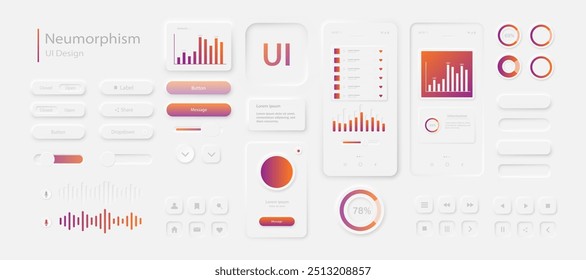 Elementos de interfaz de usuario para una aplicación móvil en blanco y rojo. Un conjunto para desarrollar un Sitio web moderno o aplicación móvil en el estilo Neumorfismo. Vector 10.